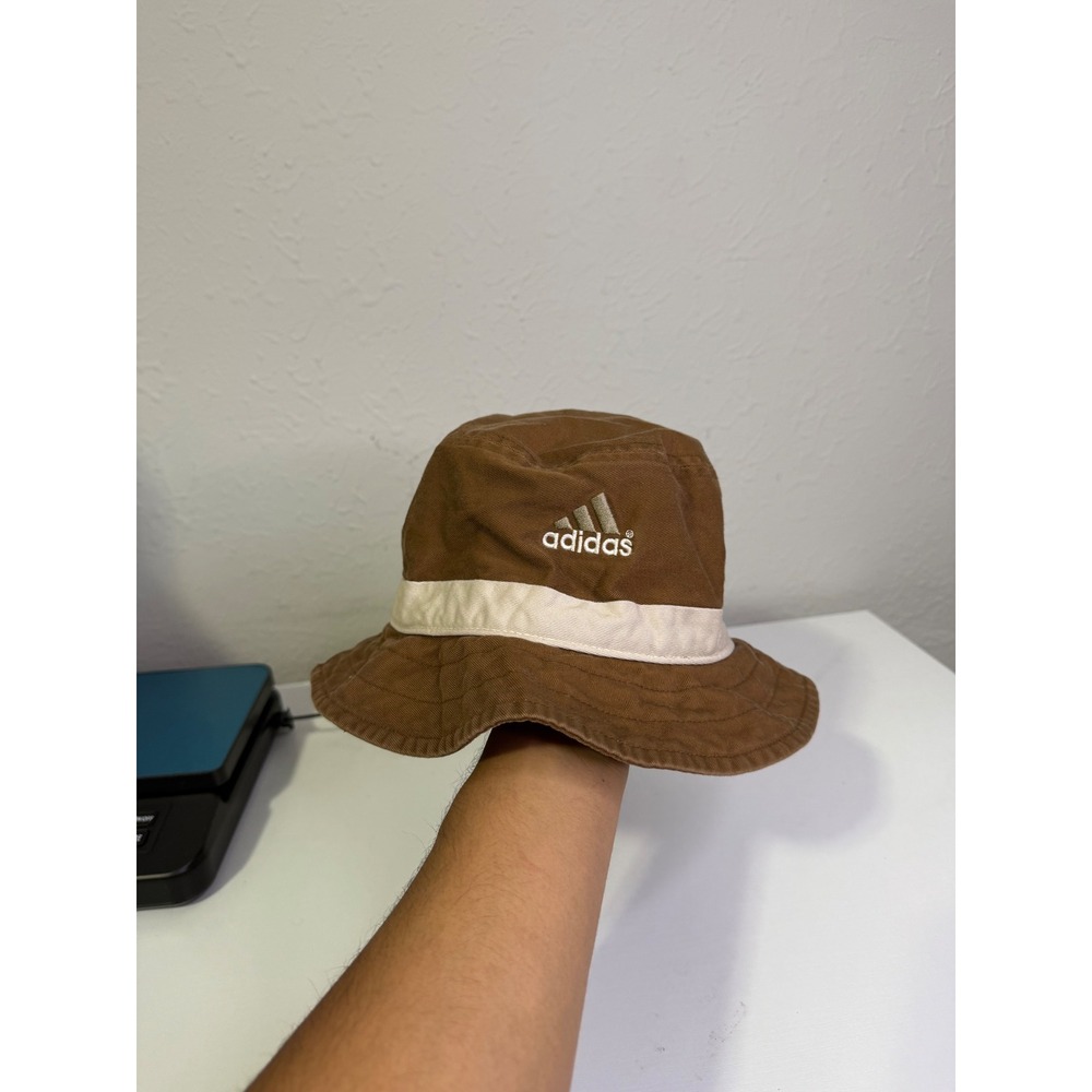 Vintage Adidas Brown Bucket Hat Cotton Twill Cream Band Logo size small
